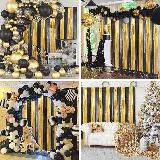Crosize 3 Pack 3.3 x 9.9 ft Black & Gold Foil Fringe Curtains Party Decorations, Black & Gold Tinsel Curtain Backdrop for Parties, Door Streamers, Glitter Streamer Backdrop for Birthday Decoration