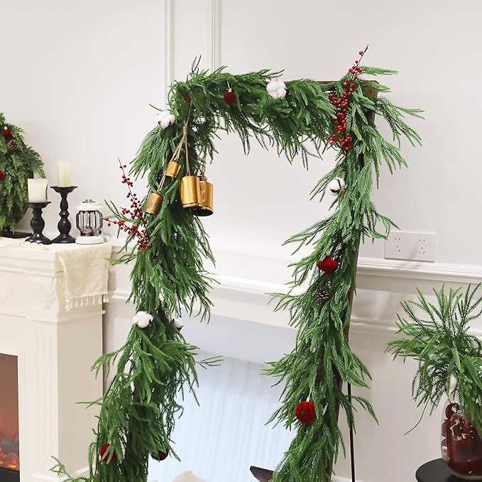 2PCS 9FT Christmas Garland Norfolk Pine Garland Real Touch Artificial Greenery Garland for Mantle Fireplace Table Indoor Outdoor Decor (Normal)