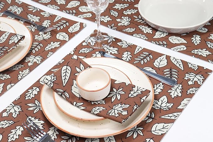 PurpleEssences Fall Harvest Thanksgiving Napkins 18x18 Inch, Set of 6-100% Cotton Autumn Leaves Print - Reusable, Washable Dinner Napkins for Home, Kitchen & Parties - Heap of Autumn