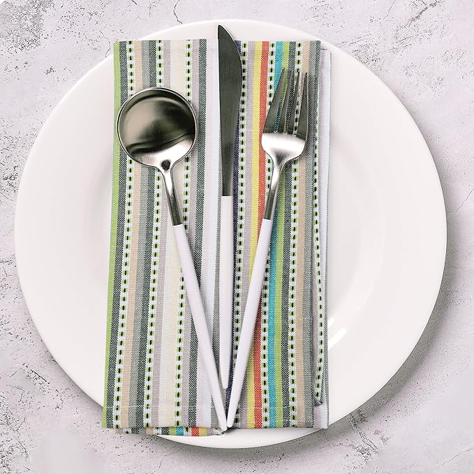 Urban Villa Cloth Napkins Beige Multi Stripes 100% Cotton Absorbent Dinner Napkins (Set of 12) 20x20 Inches Soft Durable Washable Reusable Ideal for Everyday Use Wedding Parties Cloth Dinner Napkins