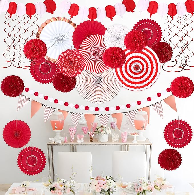 Moon Boat 35PCS Party Decorations Paper Fan Hanging Set - Birthday,Wedding,Baby Shower,Circus,Festival Decor (Red)