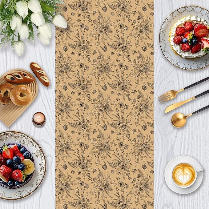 Yarcony Kraft Floral Wrapping Paper, Wildflower Wrapping Paper, Vintage Gothic Boho Black Floral Gift Wrap for Birthday, Bridal Shower, Wedding, Mother's Day, Graduation, Christmas (17 In X 33 Ft)