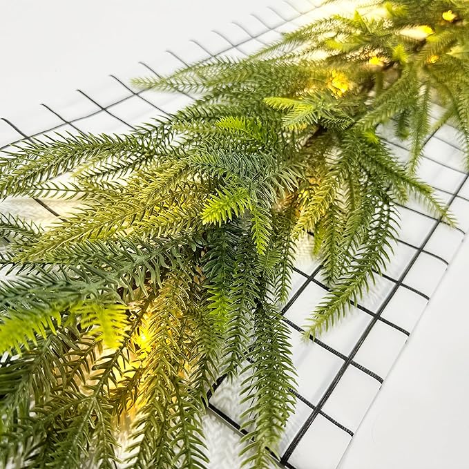 6 FT Artificial Christmas Norfolk Pine Garland, Real Touch Pine Garland with 20 LED Lights, Mixed with Noble Fir, Heavier and Larger, Timer, Perfect for Table Window Mantel Indoor Outdoor