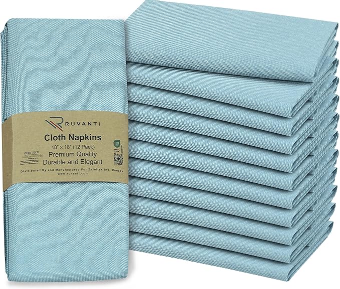 Ruvanti Cloth Napkins Set of 12, 18x18 Inch Napkin Cloth Washable, Soft & Durable, Poly Cotton Dinner Napkins for Parties, Thanksgiving & Weddings - Baby Blue