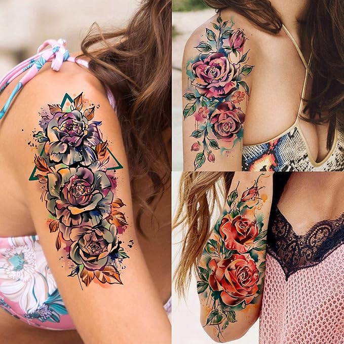 COKTAK 67 Sheets Watercolor Rose Flower Temporary Tattoos For Women Girls, 12 Sheets Colorful Arm Sleeve Tattoos For Adults Floral Snake Tiger, 53 Sheets Groovy Small Semi Permanent Fake Tattoos Kids