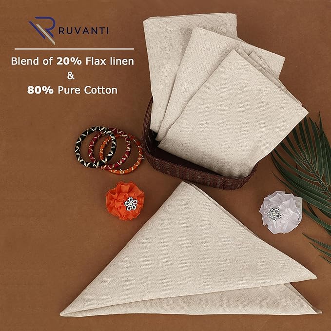 Ruvanti Linen Napkins Set of 6, 18x18 Cloth Napkins, Cotton Linen Blend Napkins Cloth Washable, Soft, Reusable Dinner Napkins for Wedding, Parties, Christmas, Thanksgiving, Everyday Use - Natural