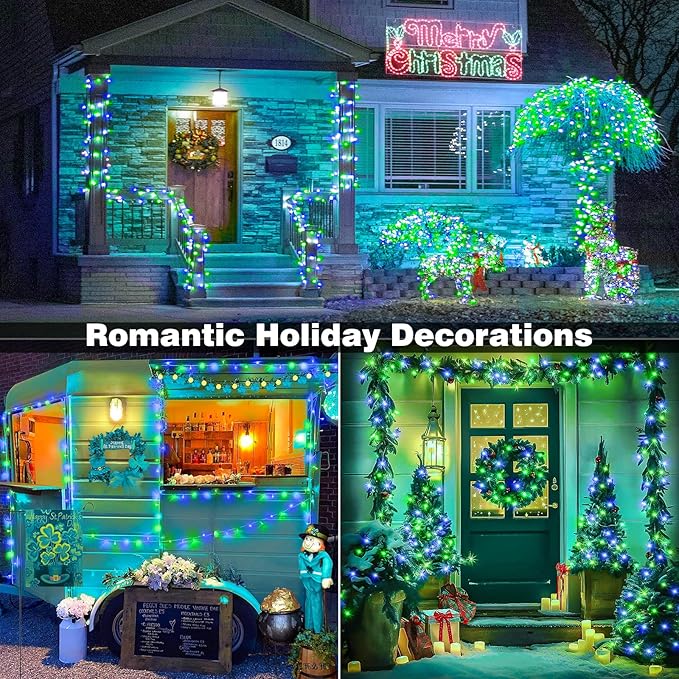 66FT 200 LED Christmas Lights Outdoor, Plug in Christmas String Lights Indoor, Waterproof & 8 Modes & Timer Function, Connectable Fairy Twinkle Light for Bedroom Patio Garden Xmas Decor, Blue Green
