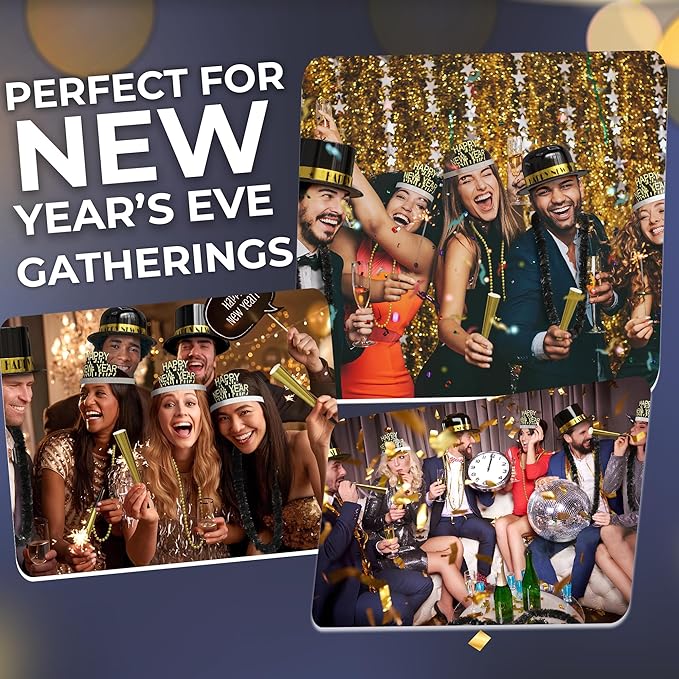 Crown Display New Years Eve Party Supplies 2026 I 250 Pcs I Black and Gold Top Hats Tiaras Bead Necklace Noise Makers I 2026 New Years Decorations Happy New Year Decorations 2026 Bulk Party Favors