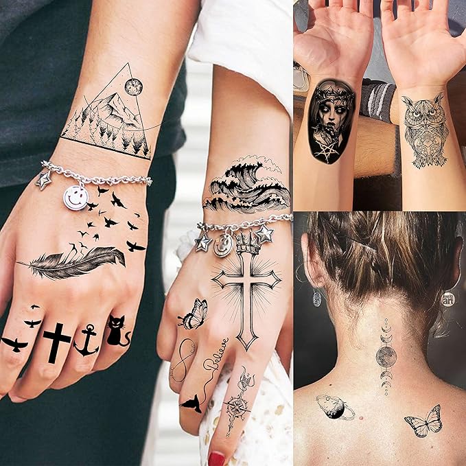 65 Sheets FANRUI Black Tiger Lion Temporary Tattoos For Men Women Arm Sleeve, Waterproof Tattoo Stickers Adults Snake Wolf Rose Flower Compass, 3D Skull Owl Fake Tattoos That Look Real And Last Long