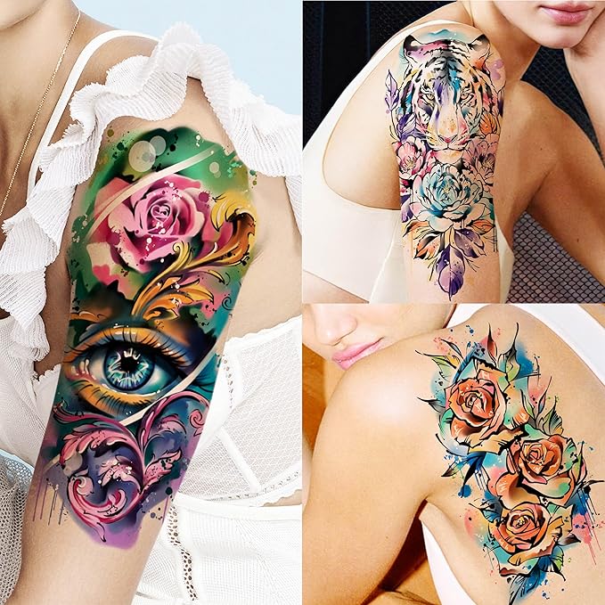 18 Sheets Large Full Arm Temporary Tattoos For Adults, 8 Sheets Peocock Lion Wolf Tiger Compass Flower Fake Sleeve Tattoos For Women Thigh, 10 Sheets Watercolor Rose Half Arm Tatoos Stickers