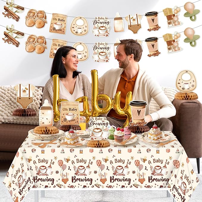 A Baby is Brewing Party Decoration - Serves 24-105Pcs Coffee Baby Shower Tableware Set Latte Honeycomb Centerpieces Disposable Plate Napkin Tablecloth Banner Gender Reveal Photo Prop