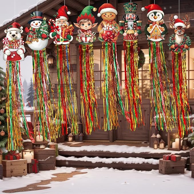 8pcs Christmas Windsocks Outdoor Hanging Decorations with Tassels Classic Christmas Yard Decorantion for Outside 3.3ft Xmas Signs for Wall Tree Home Lawn Yard Party Supplies Garden Decor