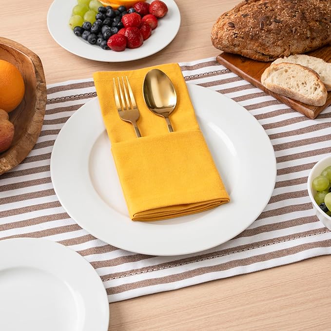 Blue Needles Solid Cloth Napkins Set of 12 Golden Yellow 100% Cotton Dinner Napkins 18x18 inches - Soft, Reusable, Absorbent & Washable Fall Thanksgiving Linen Ideal for Events, Parties & Everyday Use