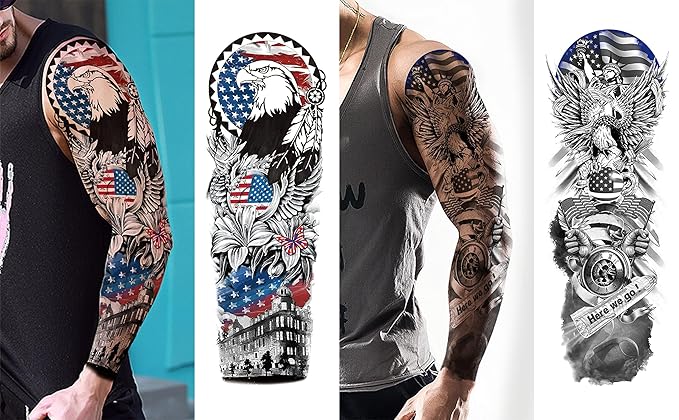 Aresvns Independence Day Temporary Tattoo, USA Flag Sleeve Tattoo, Red White and Blue Party Supplies, 4th of July, Memorial Day, Labor Day Decorations Tattoos Patriotic Tattoos