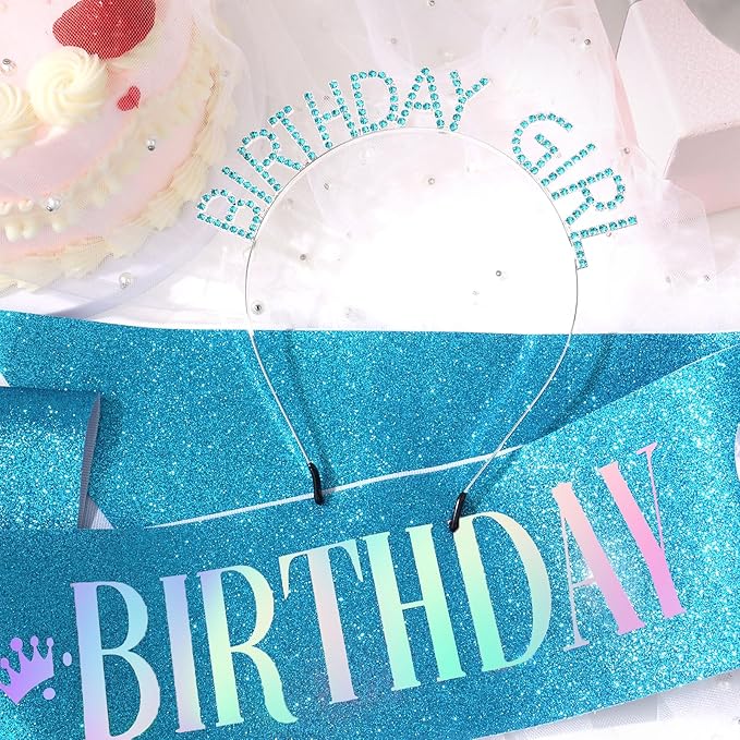 CAVETEE Birthday Girl Crown and Sash, Princess Tiara Happy Birthday Headband Party Accessories for Women and Girls