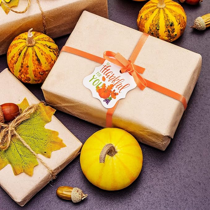 50 Pieces Thanksgiving Paper Tags Thank You Favor Tags Happy Thanksgiving Hanging Labels Decorative Fall Paper Tag with Rope for Autumn Party Favors(Pumpkin)