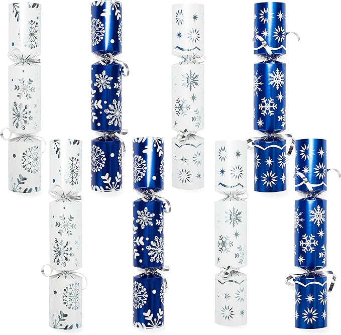 JOYN 8 Pack Christmas Non-Snap Party Table Favor with Blue & White Snowflake Design, with Party Hat, Joke & Little Gift Inside, for Xmas Gift, Christmas Seasonal Holiday Dinner Traditions