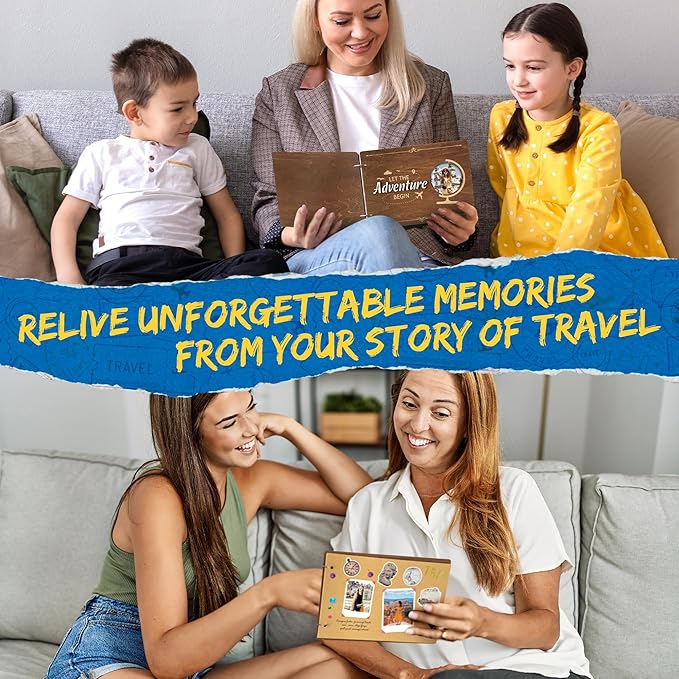 CY2SIDE Travel Photo Album Scrapbook - 111PCS Let The Adventure Begin Wooden Travel Scrapbook Craft Kit, Traveling Diary Photo Book DIY Handmade Souvenir Gifts for Adventure Lovers, Heartfelt Present