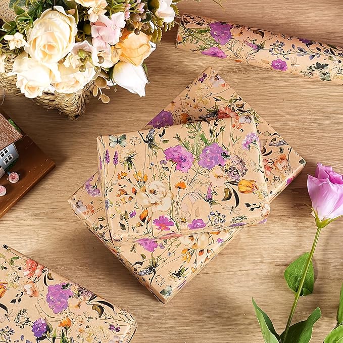 WRAPAHOLIC Kraft Floral Wrapping Paper Roll - Mini Roll - 17 Inch x 16.5 Feet - Garden Wildflower Wrapping Paper Perfect for Girls Women Birthday, Wedding, Bridal Shower