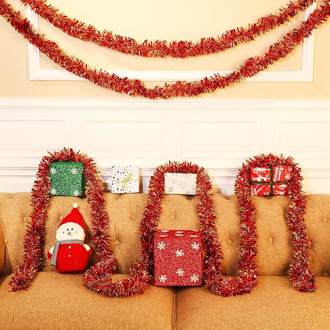 Dilunave 40 Feet Christmas Tinsel Garland Metallic Foil Twist Tinsel Garland Decoration for Christmas Tree, Wedding, Birthday and Party Hanging Decorations(Gold, Red)