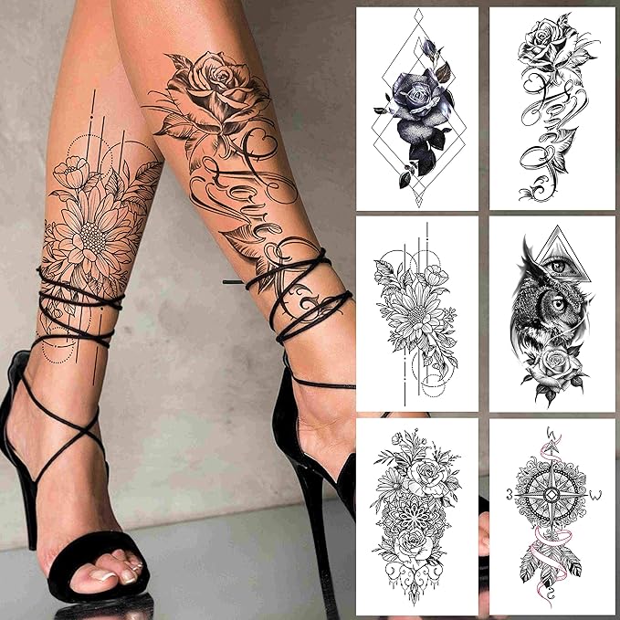 FANRUI 24 Sheets Cool Super Large Full Arm Temporary Tattoo Sleeve For Men with 8 Sheets For Women Thigh, 16 Sheets Flower Eagle Compass Adults Tribal Tiger Tatoo