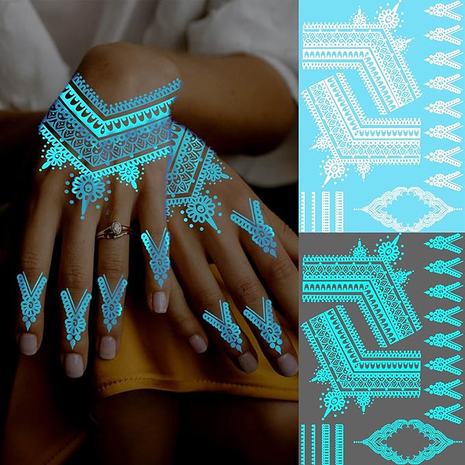 4 Sheets Blue Luminous Mandala Flower Tempoprary Tattoos For Women Girls Adults Hands Arm, Sexy Tribal Lace Lotus Glow In The Dark Fake Tattoo Stickers, Night Glitter Wedding Festival Party Supplies