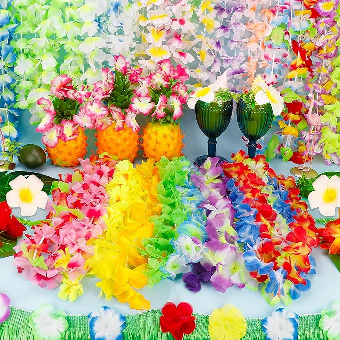 24pcs Leis for Luau Party, Hawaiian Leis Bulk Decorations Silk Flower Necklace, Colorful Tropical Hawaiian Bulk Hula Dance Party Decor, Flower Leis Summer Beach Pool Party Decorations Favors Supplies