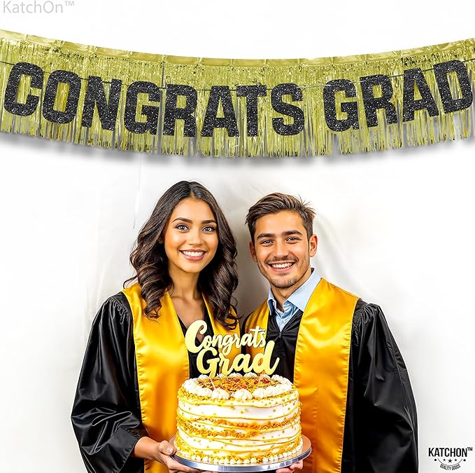 KatchOn, Congrats Grad Banner Gold Set - 6.5 Feet | Black and Gold Graduation Decorations 2025 | Gold Foil Fringe Curtain, Congrats Grad Sign For Backdrop | gold Fringe Backdrop