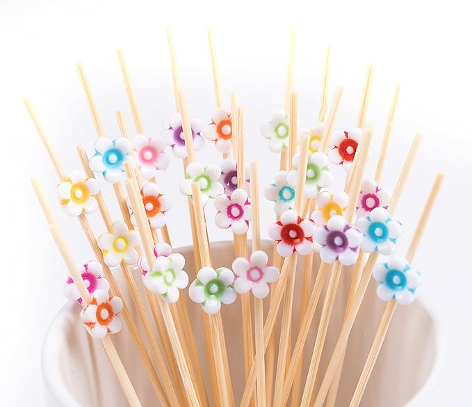 PuTwo Cocktail Picks Handmade Bamboo Toothpicks 100pcs 4.7” in Multicolor Flower