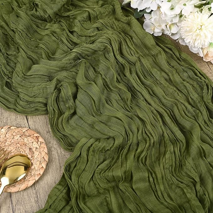 10 Packs Cheesecloth Table Runner Olive Green, 10Ft x 35" Army Green Rustic Gauze Boho Wedding Table Runner Decoration