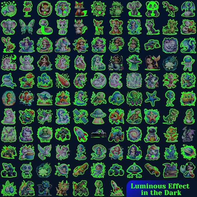 Luminous Temporary Tattoo for Kids, Mixed Styles Glow Fake Tattoos Stickers with Mermaid Truck Racing Car Dinosaur Dolphin Shark Space for Girls Boy Body Arm Party Makeup Supplies Gifts, 117PCS