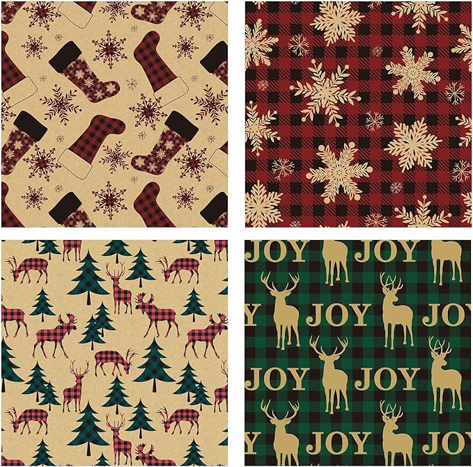 RUSPEPA Christmas Wrapping Paper Rolls with Tags, Jute String and Gift Wrap Bows - 30 inches x 10 feet per Roll, Total of 4 Rolls