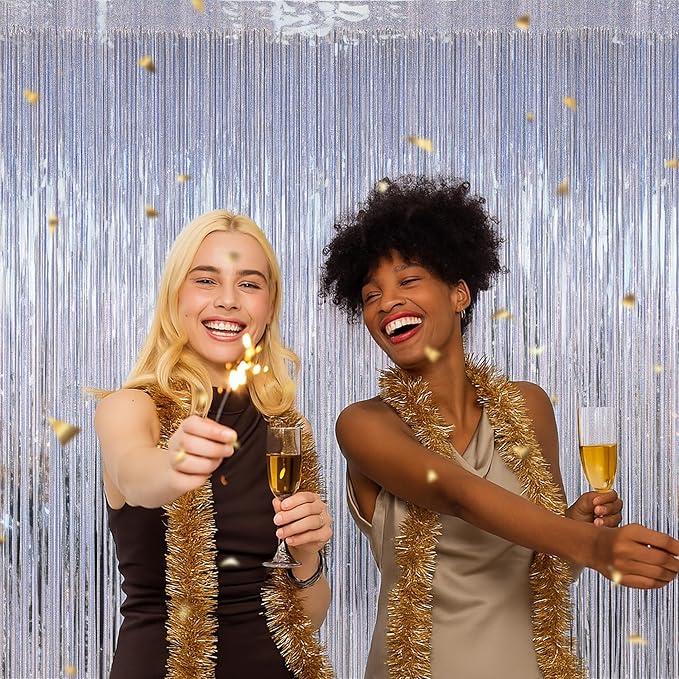 4 Pack Fringe Backdrop, 3.28 FT x 7.05 FT Glitter Silver Tinsel Curtains, Metallic Foil Streamer Disco Fringe Backdrop Party Curtains, Birthday Party Supplies Disco Decorations