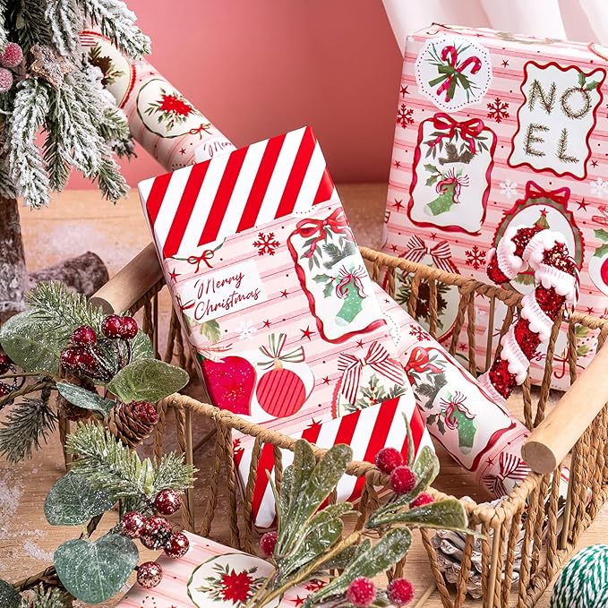 WRAPAHOLIC 30 Inch Jumbo Reversible Christmas Wrapping Paper - 30 Inch x 33 Feet - Pink & Red Classic Christmas Decor and Stripes Wrapping Paper for Xmas Holiday, Party Celebration