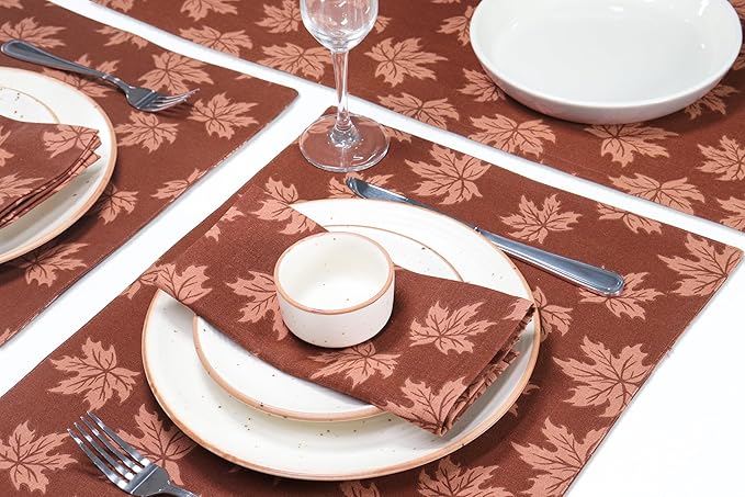PurpleEssences Rust Fall Napkin Maple Leaves Jacquard Napkins, 18x18 Autumn Fall Cloth Napkins Set of 6, Harvest Decor Thanksgiving, Damask Maple Leaves