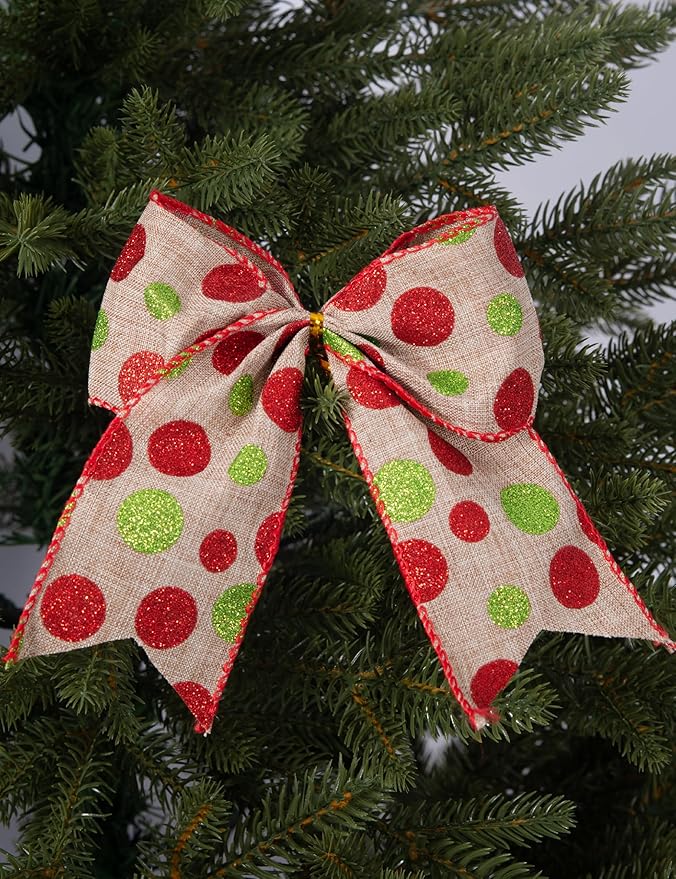 SIMISI RIBBON Christmas Tree Bows Wreaths Graland Xmas Party Decorations Red Green Polka Dot Ornaments (6 * 6 Inches, 12 Pcs)