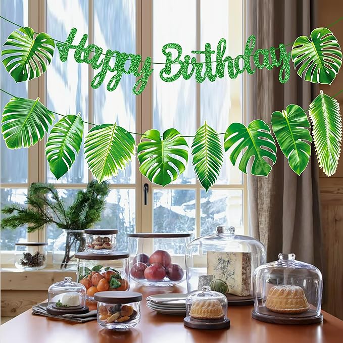Tropical Birthday Decorations Green Palm Leaf Happy Birthday Banners Hawaiian Luau Birthday Decorations for Summer Theme Birthday Party Jungle Baby Shower Supplies