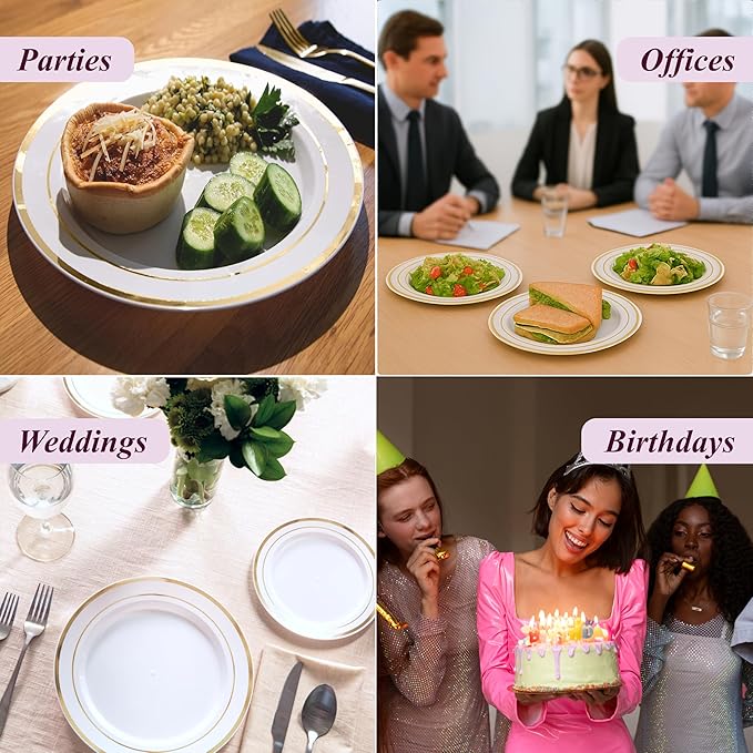 Aya's Cutlery Kingdom 100 Disposable White Plastic Plates with Gold Trim - Includes 50 (10-Inch) Plastic Dinner and 50 (7.5-Inch) Salad Dessert Plates - Heavy Duty and Elegant Tableware
