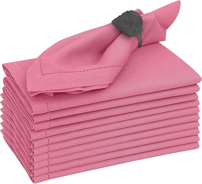 Ruvanti Premium Linen Napkins Set of 6-20x20 Inch, Classic Hemstitch, Mitered Corner Cloth Napkins - Soft, Elegant Dinner Napkins Cloth Washable for Weddings, Parties, Everyday Use - Pink
