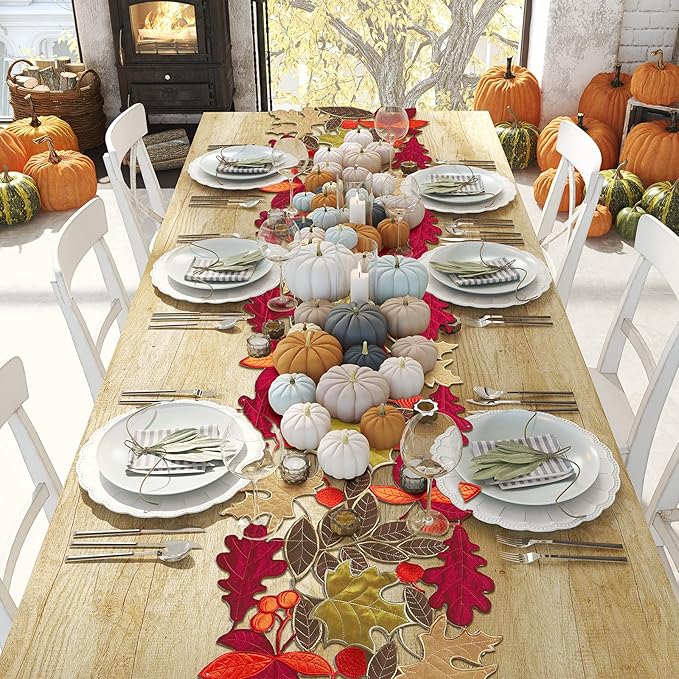Tegeme Thanksgiving Table Runner 69 Inches Long Fall Autumn Harvest Embroidered Maple Leaves Table Runner 16 x 69 Inches Farmhouse Home Decorations Kitchen Dining Party Decor