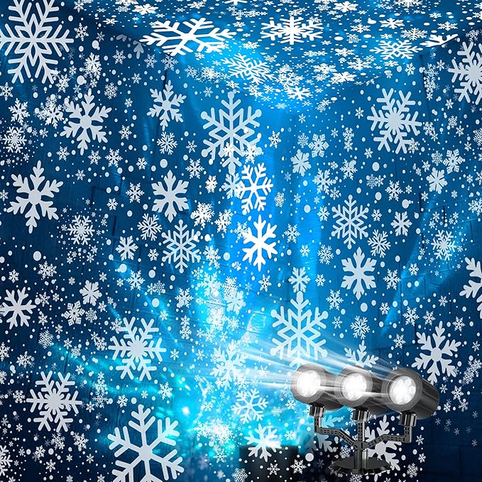 Christmas Projector Lights Outdoor, GUSODOR Upgraded Snowflake Projector IP65 Waterproof LED Snow Projection Lights for Indoor Outdoor Christmas Decoration, Holiday, Yard Decor-Three-Head A