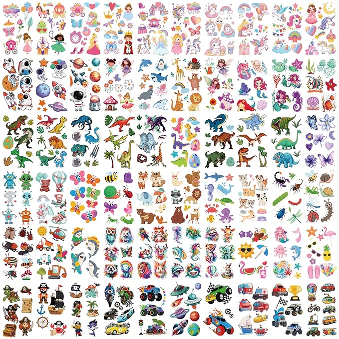326+ PCS 60 Sheets Mixed Styles Temporary Tattoos for kids - Cute Watercolor Animals Tattoos Stickers with Mermaid Truck Dinosaur Space Pirate for Girls Boy Body Arm Birthday Party Supplies Gifts