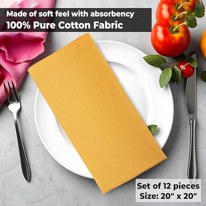 Urban Villa Cloth Napkins 100% Cotton Slub Absorbent Dinner Napkins (Set of 12) Oversized 20x20 Inches Solid Mustard Color Soft Durable Reusable Washable Ideal for Everyday Use Wedding Parties