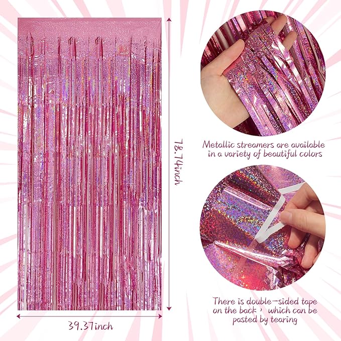 Tinsel Curtain Party Backdrop Pink Birthday Decorations 5 Packs Glitter Foil Fringe Curtain Party Decor Streamers Photo Booth for Birthday Christmas Wedding Halloween Graduation Decorations
