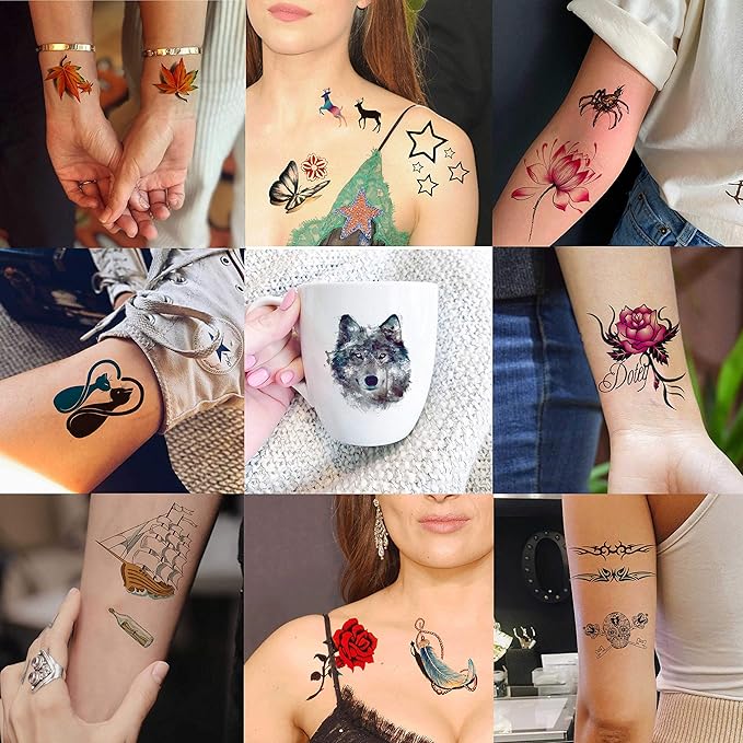 COKTAK 56 Sheets Variety Colorful Rose Flowers Temporary Tattoos For Women, Realistic Feather 3D Butterfly Fake Tattoos Temporary For Girls, Sexy Floral Blossom Branch Arm Neck Face Tatoo Sticker Kit