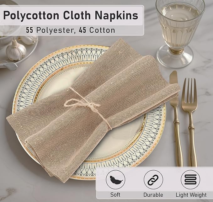 Ruvanti Cloth Napkins Set of 6, 18x18 Reusable Napkins Cloth Washable, Soft & Durable Table Napkin, Poly Cotton Fabric Dinner Napkins for Parties, Christmas, Thanksgiving, Weddings - Sand
