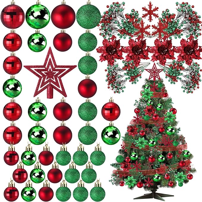 Sratte 94 Pcs Christmas Tree Decorations Set, Christmas Tree Ball Ornaments Glitter Poinsettia Flowers Decorations Glitter Berries Stems for Xmas Holiday Wedding(Red, Green)