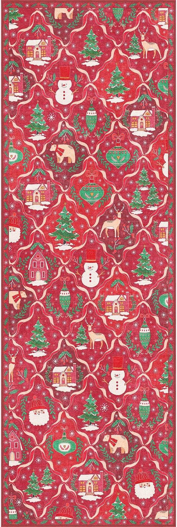 Christmas Runner Rug 2x6 Washable Rug for Hallway Kitchen Bedroom, Christmas Home Decor, Holiday Print Carpet, Low Pile Mat with Non Slip Backing, Red Christmas Tale Pattern