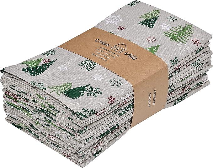 Urban Villa Christmas Cloth Napkins Green Trees Print Set of 12 100% Cotton Absorbent Dinner Napkins (20X20 Inches)Over Sized Soft Durable Reusable Washable Ideal for Home Wedding Parties Everyday use