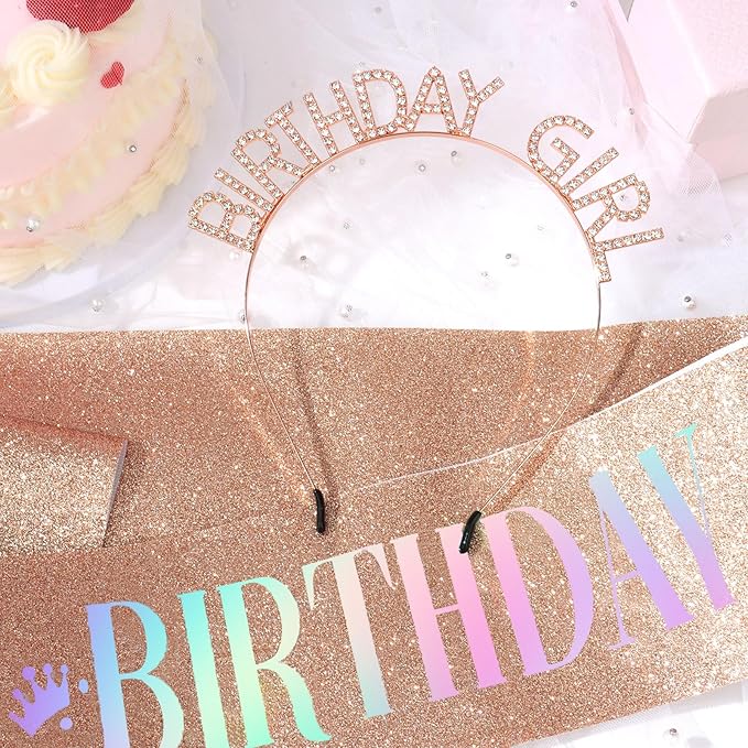 CAVETEE Birthday Girl Crown and Sash, Princess Tiara Happy Birthday Headband Party Accessories for Women and Girls